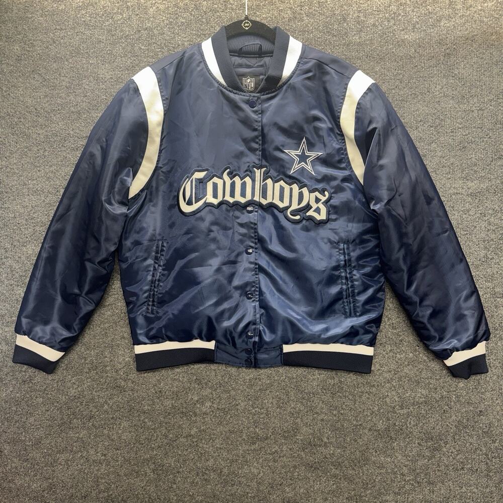 Dallas Cowboys NFL Satin & Leather Bomber Jacket Navy Blue Football Size Medium